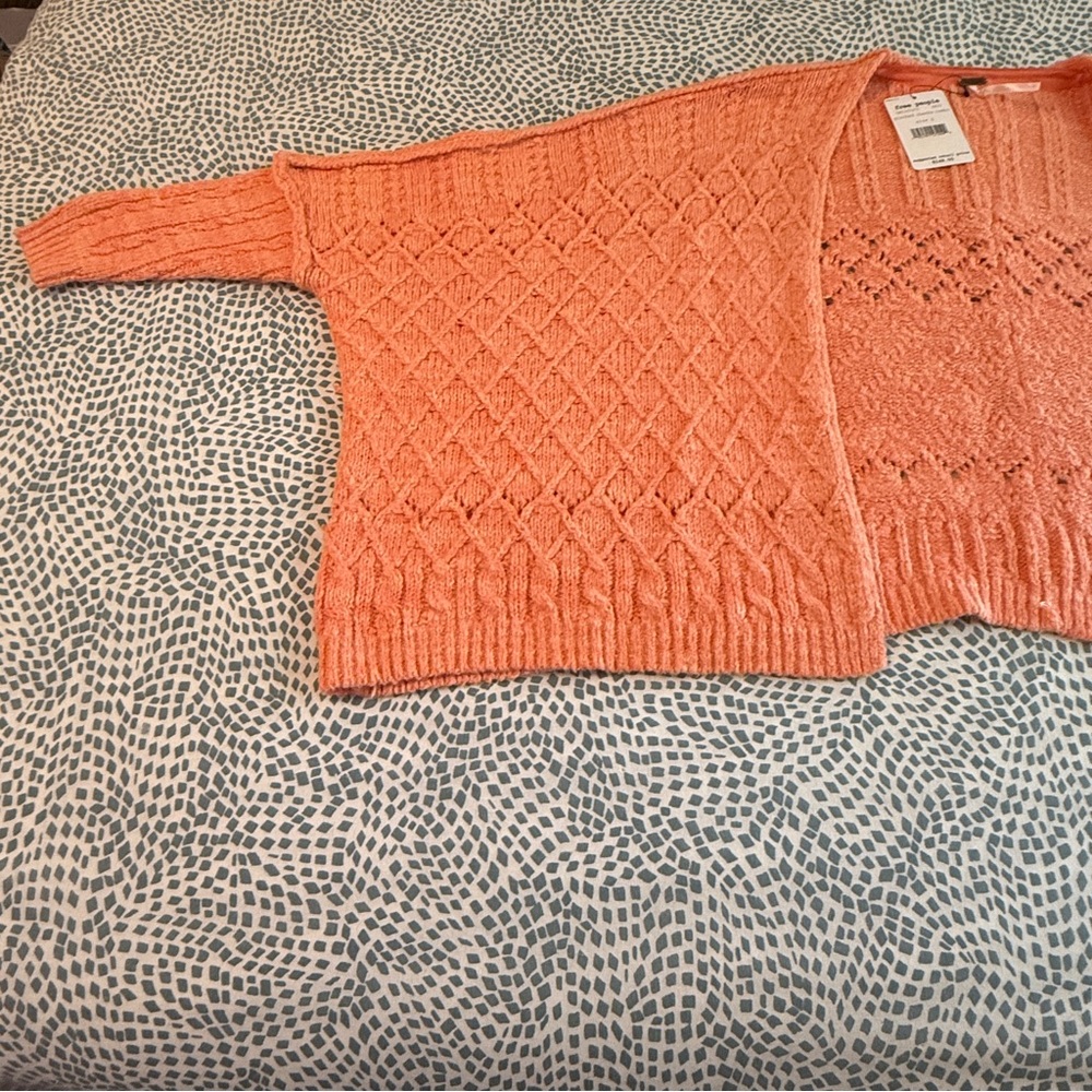 Free People | Textured Knit Open Front Cardigan, "Pinched Cheeks Combo" Coral - Picture 3 of 10